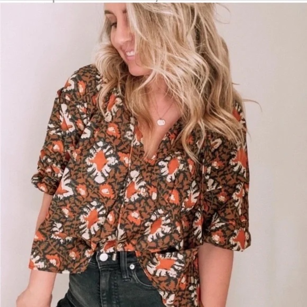 Free People Brown Graphic Notched Collar Blouse